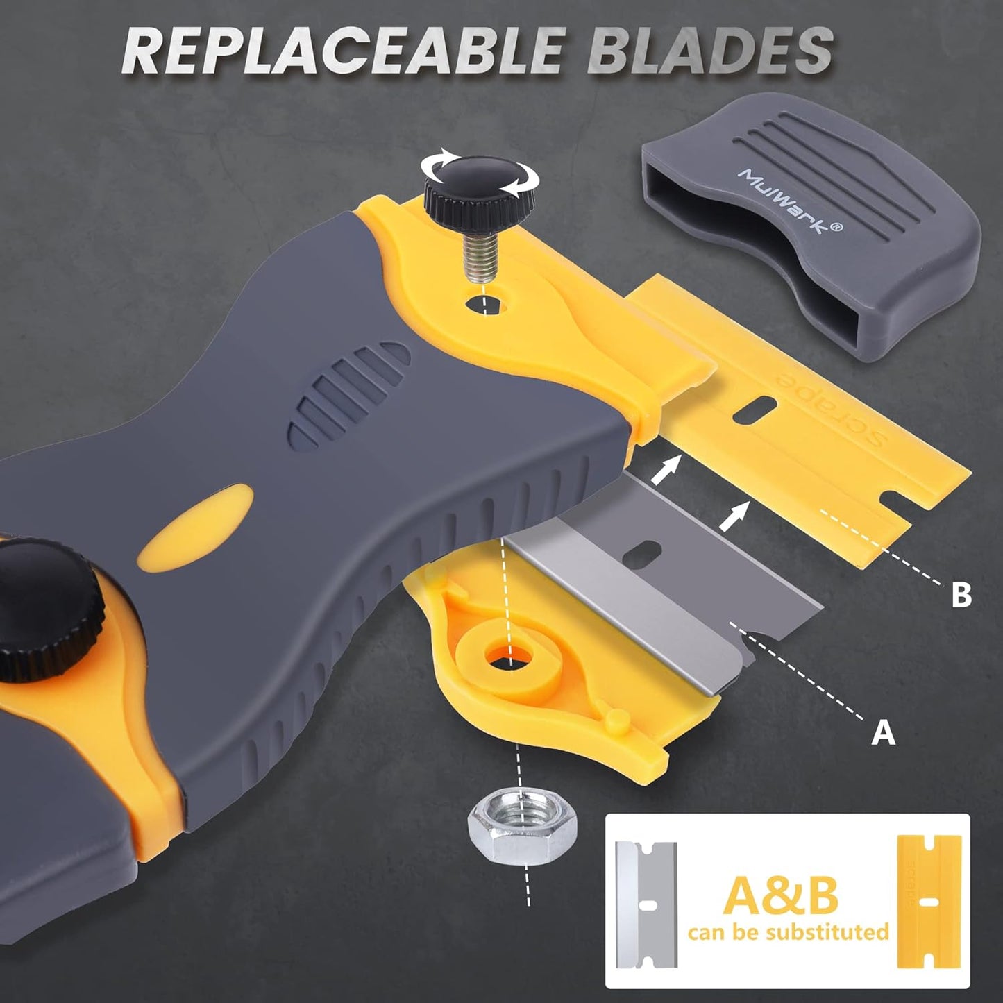 MulWark Razor Blade Scraper | 2 Handles Razor Scraper Set With Extra 12pcs Blades Heavy Duty Paint & Glass Scraper Tool With Extendable Handle for Windows, Oven Cleaning & Surface Prep