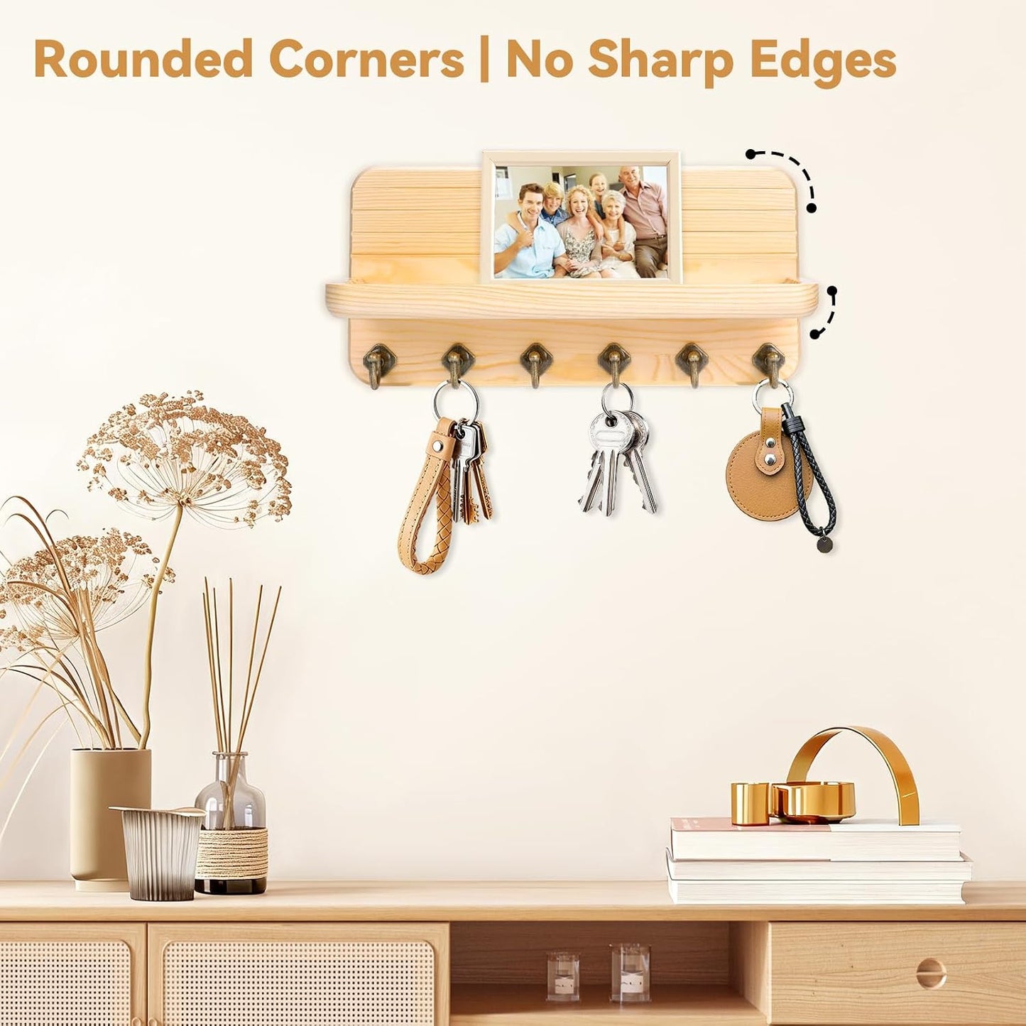 Key Holder for Wall, Mail Organizer Wall Mount with 6 Hooks Wooden Hanging Key Rack for Home Decor, Hallway, Entryway (Brown)