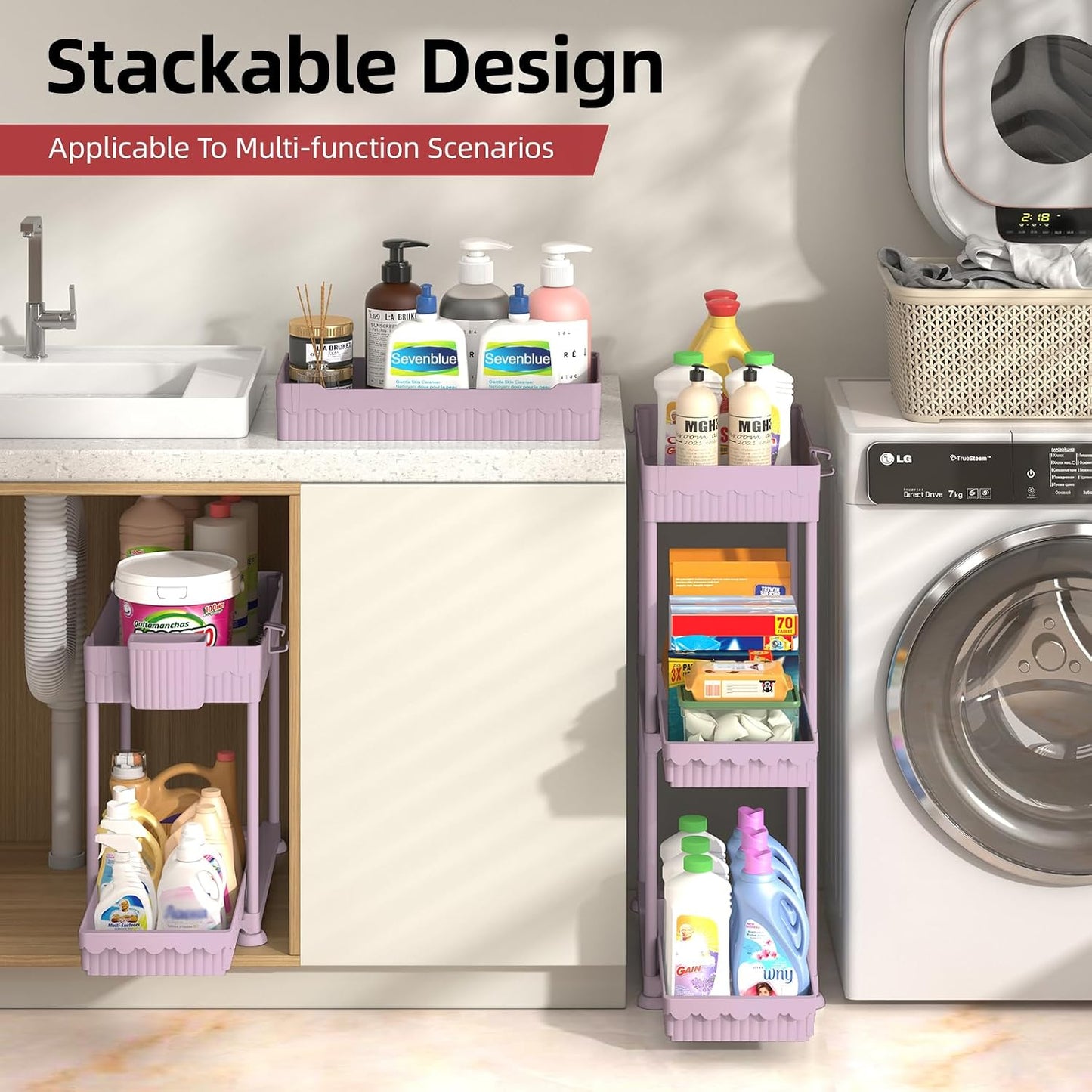 Sevenblue 4-Pack 2-Tier Under Sink Organizer with Pull Out Drawers | Multi-use kitchen & bathroom storage. Includes hanging hooks and cups. Black, space-saving cabinet design.