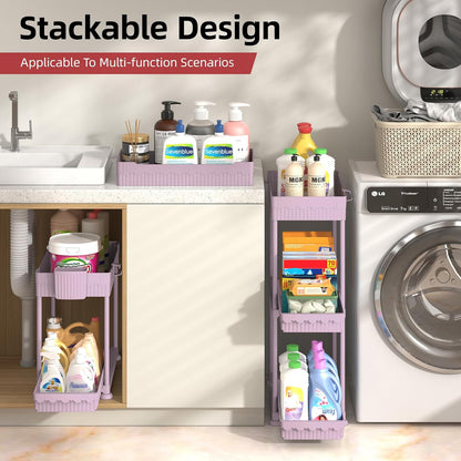 Sevenblue 4-Pack 2-Tier Under Sink Organizer with Pull Out Drawers | Multi-use kitchen & bathroom storage. Includes hanging hooks and cups. Black, space-saving cabinet design.