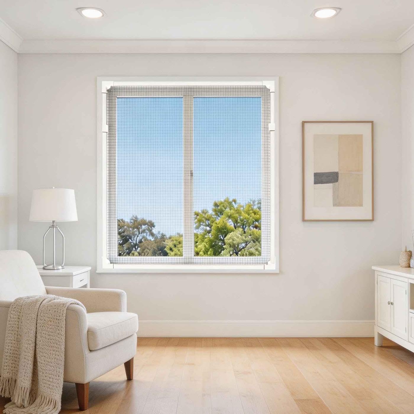 Magnetic Window Screen DIY Adjustable Window Mesh Screen Replacement Window Net Fits up to 32"x 23" White Frames with Fiberglass Mesh