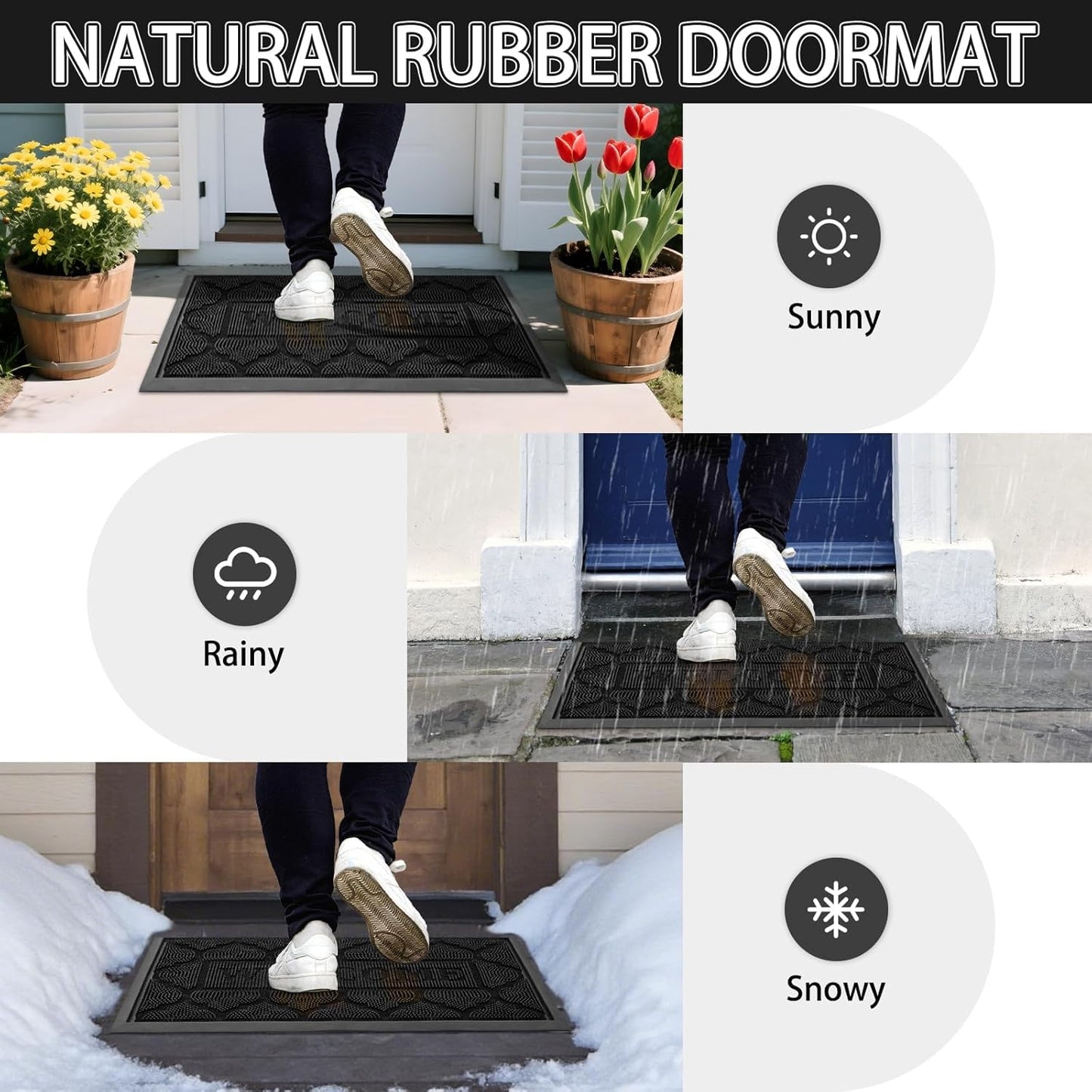 FRAMICS Front Door Mat Outside Entrance, Heavy Duty Rubber Door Mats Outdoor Welcome Mat Waterproof Doormat Non Slip for Entryway Doormats Dirt Trapper Indoor Mats All Seasons, 17 x 30 Inches, Black