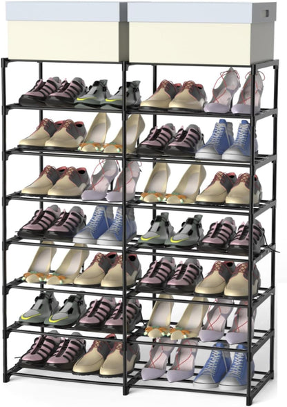 3 Row 4 Tier Long Shoe Rack, Black Metal Stackable Shoe Shelf with Multifunctional Hooks, Shoe Storage Hold 24-30 Pairs, Space Saving Shoe Organizer for Closet,Wide Shoe Rack