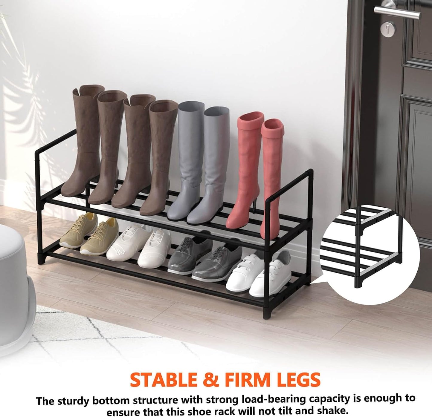 Hsscblet 5 Tiers Metal Shoe Rack,Adjustable Shoe Shelf Storage Organizer with Hooks,Stackable Boot & Shoe Storage,for Entryway,Hallway,Closet,Black