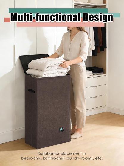 WTREE Laundry Hamper with Lid, Reinforced Sturdy Clothes Hamper with Anti-Puncture Base, Large Collapsible Laundry Basket with Removable Liner Bag, Tall Dirty Clothes Bin for Family, 100L Grey