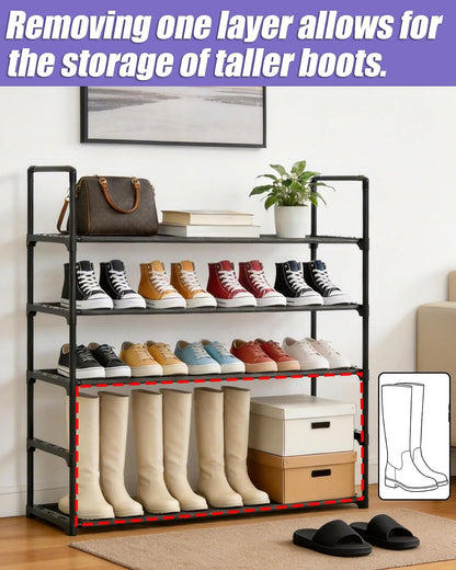 Upgrade Stackable Small Shoe Rack, 4-Tier Shoe Shelf Storage Organizer with Handle for Entryway, Hallway and Closet (Black)