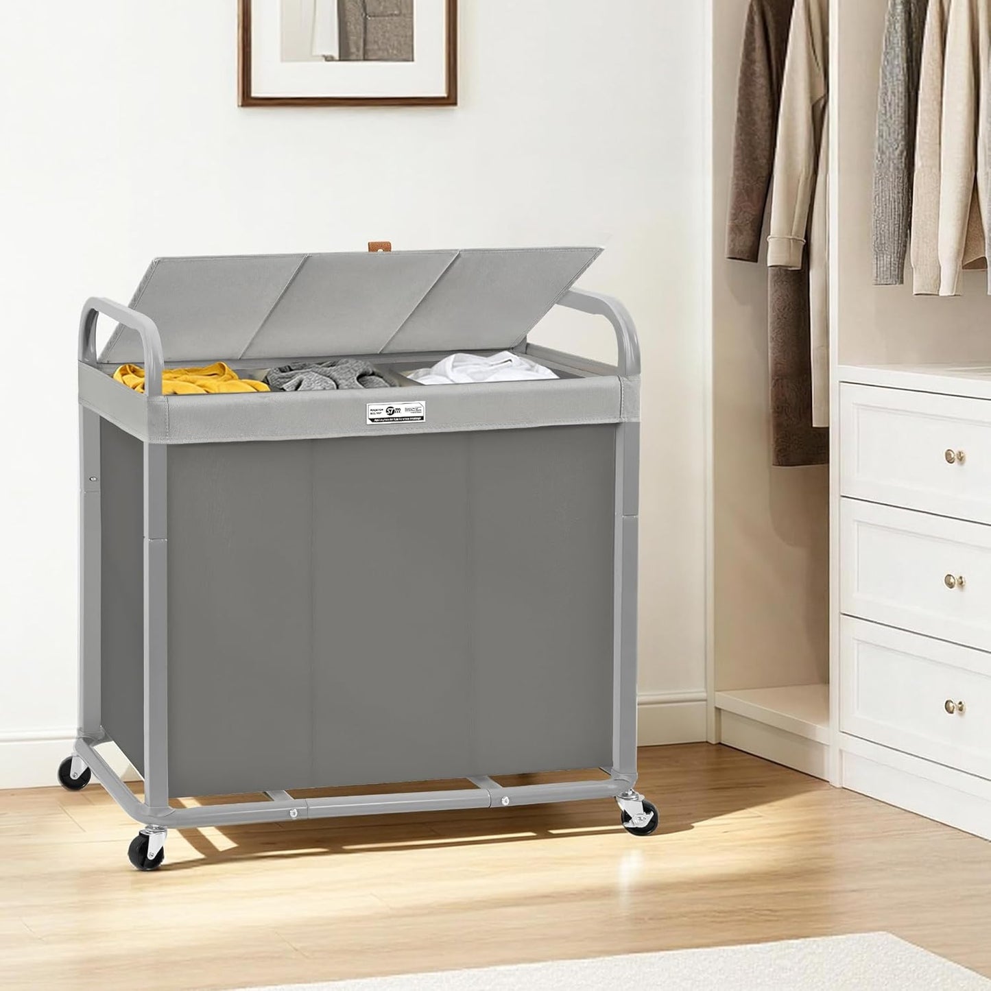 STORAGE MANIAC 3 Section Laundry Sorter, 60 Gal. Laundry Hamper Cart with Heavy Duty Rolling Lockable Wheels and Removable Bags, Clothes Organizer Basket Clothes Separator Hamper, Beige with Lid
