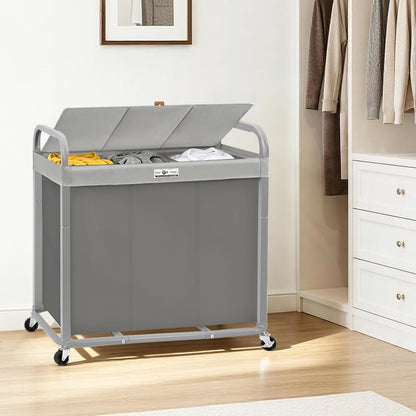 STORAGE MANIAC 3 Section Laundry Sorter, 60 Gal. Laundry Hamper Cart with Heavy Duty Rolling Lockable Wheels and Removable Bags, Clothes Organizer Basket Clothes Separator Hamper, Beige with Lid