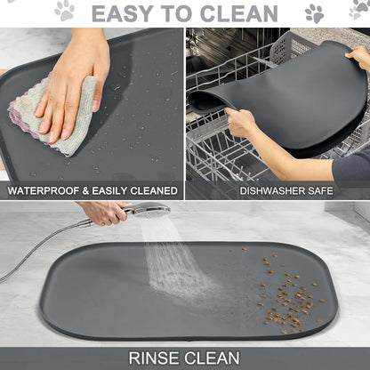 SMILOOL Silicone Pet Food Mat with Raised Edge for Food and Water Bowl, Dog Feeding Mats, Cat Food Trays for Floor Waterproof, Rubber Tray for Dogs and Cats, 19 x 12 x 0.7 Black