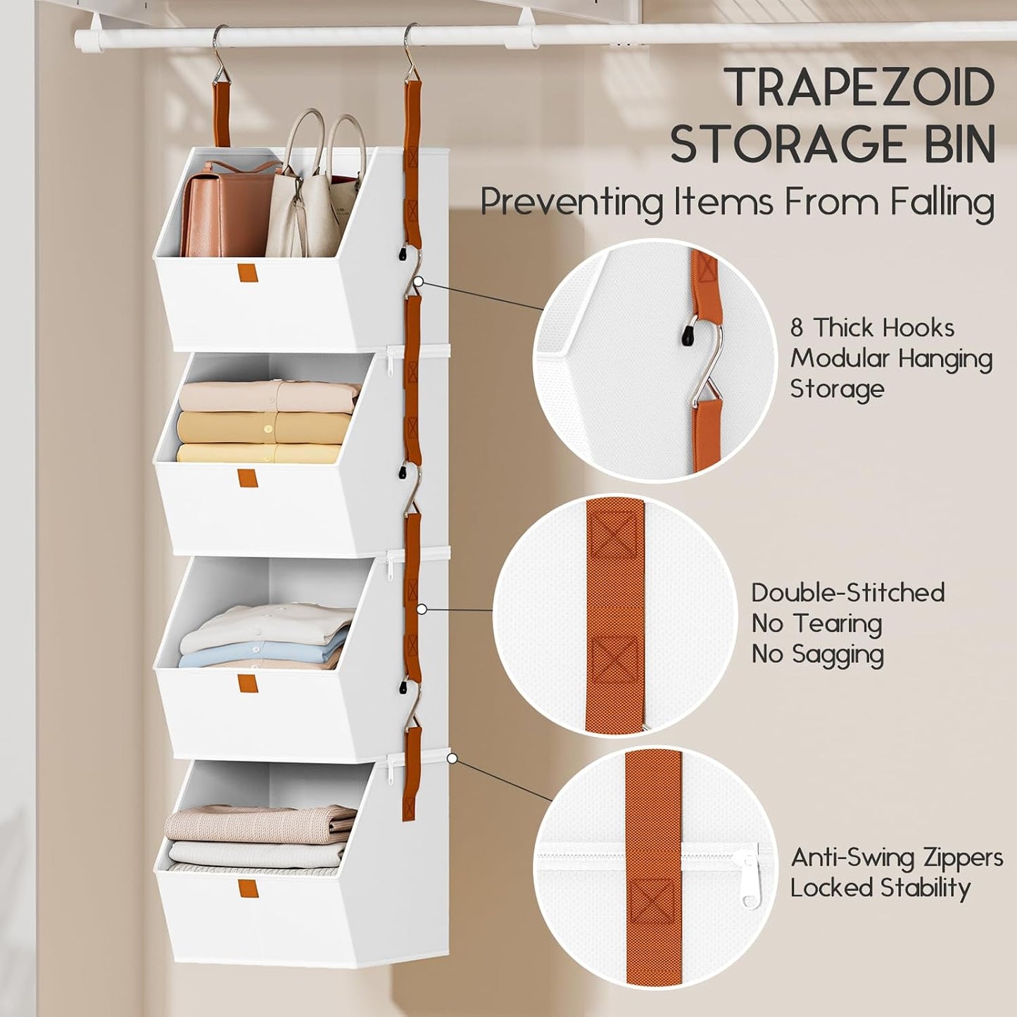 Homsorout Hanging Closet Organizer 4 Tier - Clothes Hanging Shelves, Space-Saving Closet System, Fabric Storage Bins Bedroom Organization, Collapsible Baskets for Home, Dorm, Rv, Beige