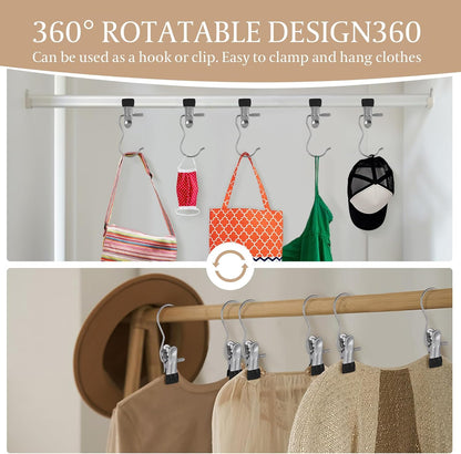 50PCS Space-Saving Clothespin Hat Pants Storage Hanging Travel Hook, Portable 360° Rotating Stainless Steel Hanging Hook Clips Towel Clips,Laundry Hooks Hanging Clips with Clips for Home and Travel