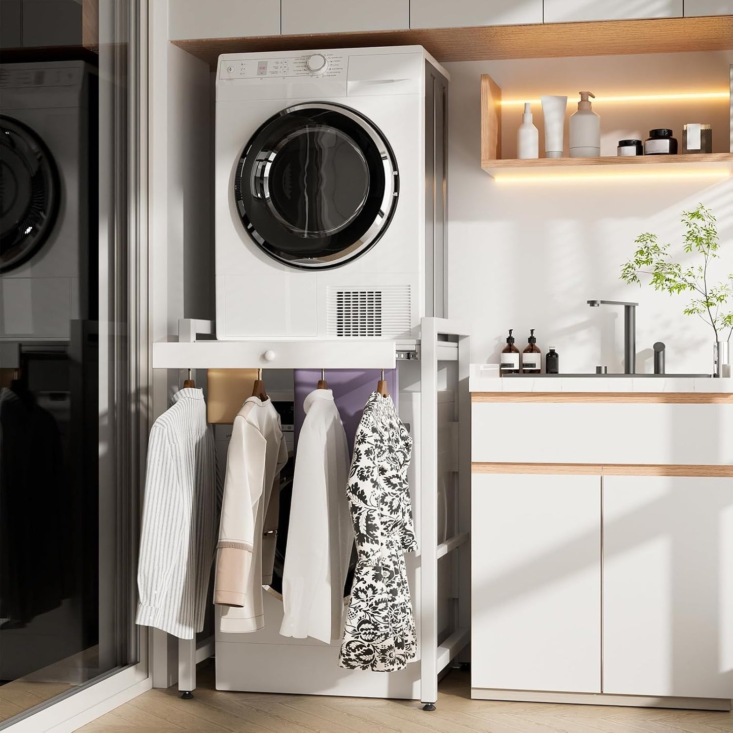 Tumble Washer Dryer Stacking Kit with Countertop - Height Adjustable Over Washer Dryer Shelves with Sliding Raill Hanger,Metal Frame Washing Machine Storage Rack for Home Bathroom Commercial (White)
