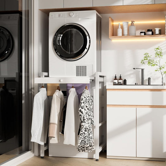 Tumble Washer Dryer Stacking Kit with Countertop - Height Adjustable Over Washer Dryer Shelves with Sliding Raill Hanger,Metal Frame Washing Machine Storage Rack for Home Bathroom Commercial (White)