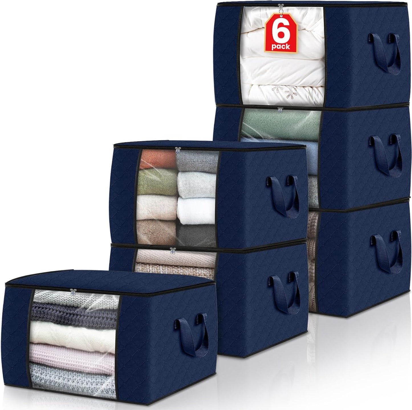 Fab totes 6 Pack Storage Bags for Clothes and Blanket, Foldable Closet Organizers and Storage with Zippers, Clear Window and Handles, Fabric Storage Bins for Sweater, Comforter, Bedding,Linen Sheets