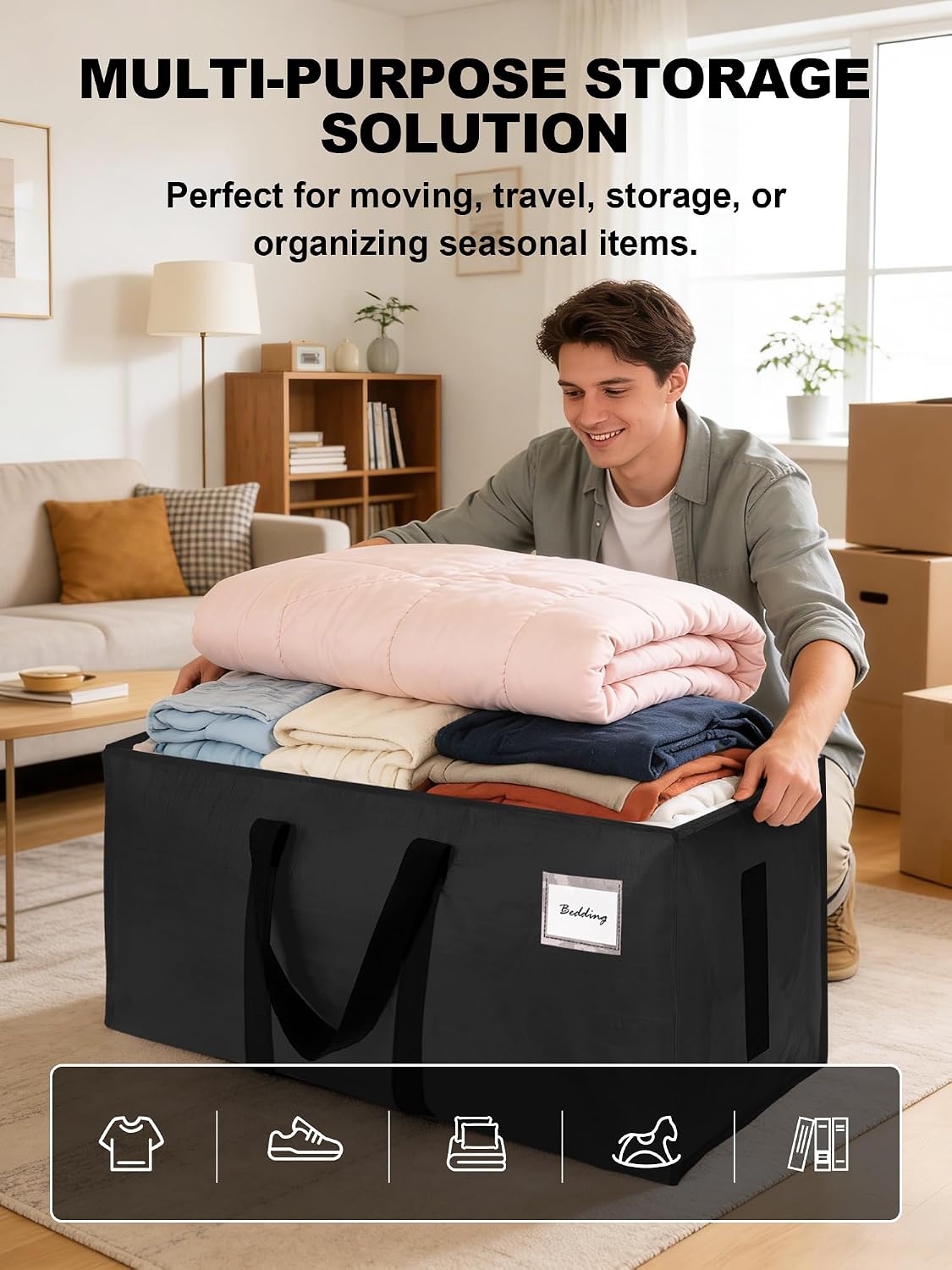 HOMESURE Supports 200lbs Heavy Duty Moving Bags - Strong Zipper & Wrap-Around Handles - Water-Resistant Storage Totes, Durable Alternative to Moving Boxes - 8 Pack - Semi-Transparent