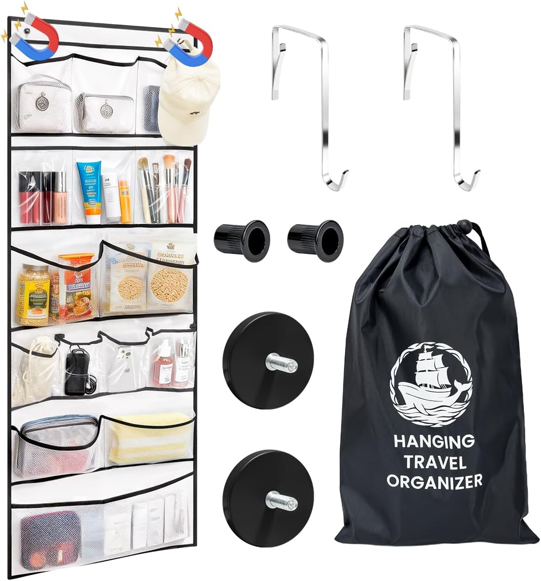 Cruise Ship Magnetic Door Organizer, Over The Door Organizer For Cruise Ships, Magnetic Shoe Rack with 2 Strong Anti-Scratch Magnets & Durable Pockets To Store Cruise Essentials (White)