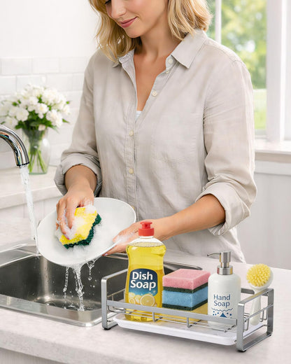 HULISEN Kitchen Sink Sponge Holder, 304 Stainless Steel Kitchen Soap Dispenser Caddy Organizer, Countertop Soap Dish Rack Drainer with Removable Drain Tray, not Including Dispenser and Brush