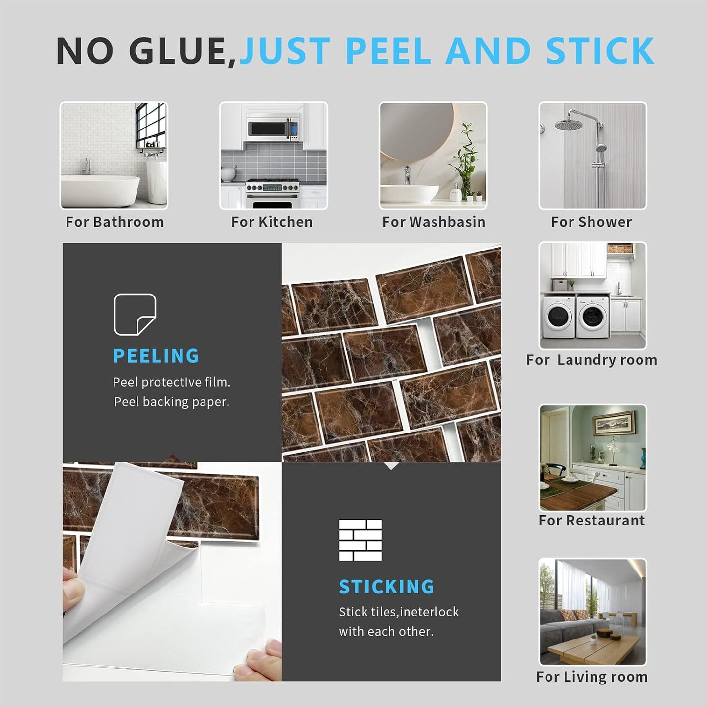 URCOLOR 10-Sheet Stick on Backsplash for Kitchen,12"x12" Peel and Stick Self Adhesive Wall Tiles Back Splashes for Bathroom Brown Marble Look