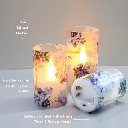 Glass Flameless Candles Flickering Battery Operated LED Pillar Candles Set of 3 with Timer and and 10-Key Remote Green Branch Floral Spring Summer Theme for Wedding Festival Home Decoration