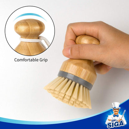MR.SIGA Dish Brush with Bamboo Handle Built-in Scraper, Scrub Brush for Pans, Pots, Kitchen Sink Cleaning, Pack of 2