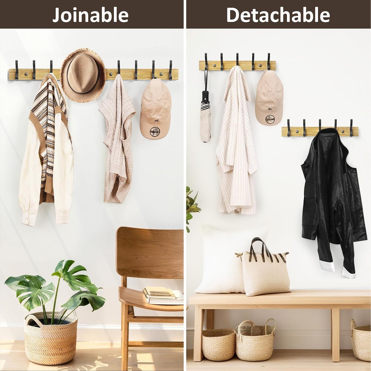 Optish Coat Rack Wall Mount, 16.5 Inches Wood Coat Hooks, Wall Hooks for Hanging, Hat Rack Bag Hanger Key Holder for Wall, Purse Hanger Towel Racks for Bathroom (1Pack, Brown)