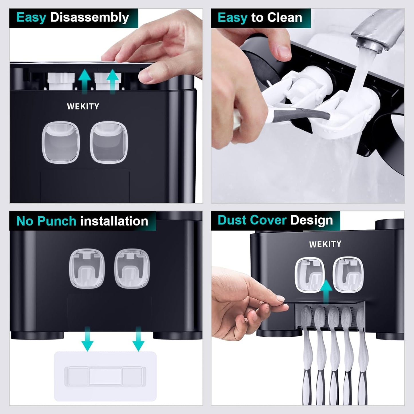 Toothbrush Holder Wall Mounted, WEKITY Multi-Functional Toothbrush and Toothpaste Dispenser for Bathroom, with 5 Toothbrush Slots, 2 Toothpaste Squeezers and 4 Cups(Grey)