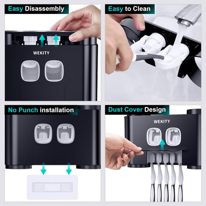Toothbrush Holder Wall Mounted, WEKITY Multi-Functional Toothbrush and Toothpaste Dispenser for Bathroom, with 5 Toothbrush Slots, 2 Toothpaste Squeezers and 4 Cups(Grey)