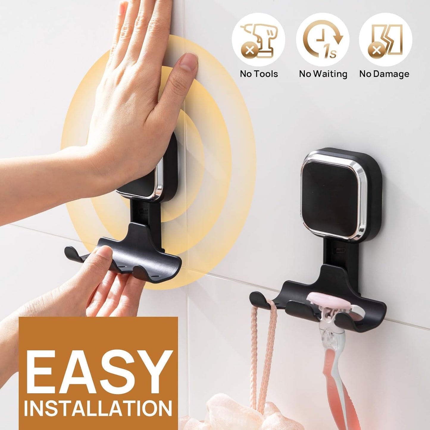LEVERLOC Razor Holder for Shower 2 Pack, Powerful Suction Cup Shower Hooks for Towel, Loofah, Razor, Squeegee, Damage-Free Wall Hooks, Shaver Holder for Bathroom, Easy to Install and Reuse, White