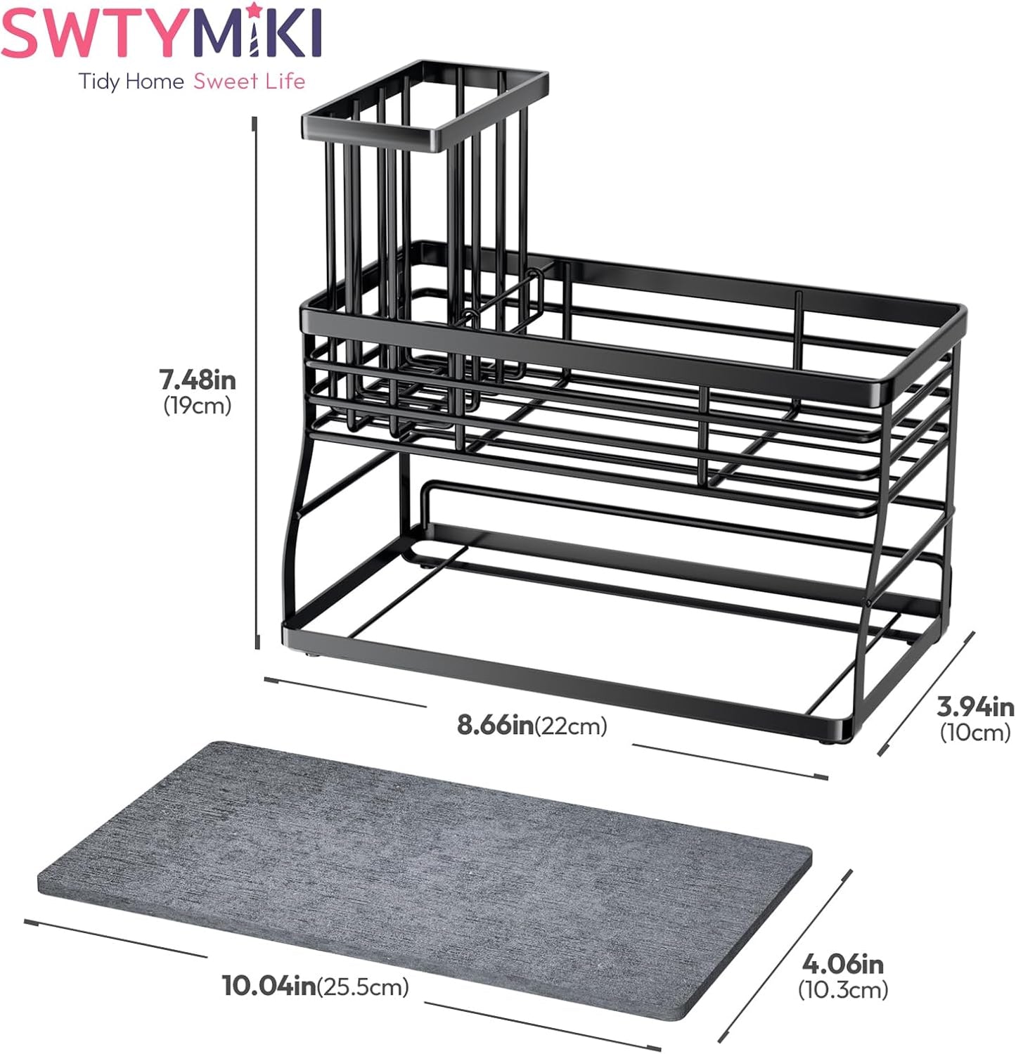 SWTYMIKI Sponge Holder for Kitchen Sink - Sink Caddy with Brush Holder and Stainless Steel Self Drain Tray, Sponge Caddy Organizer with Divider Kitchen Accessories Storage for Countertop, Black