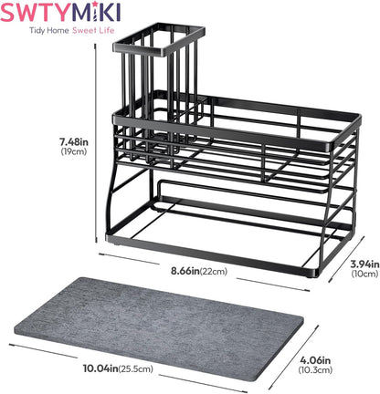SWTYMIKI Sponge Holder for Kitchen Sink - Sink Caddy with Brush Holder and Stainless Steel Self Drain Tray, Sponge Caddy Organizer with Divider Kitchen Accessories Storage for Countertop, Black