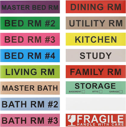 Home Moving Labels for Boxes, 480pcs 4.5"x1" 30 Sheets Removable Strong Adhesive Packing Stickers Fragile & Blank Labels,Pre-Printed Color-Coded Labels for Bedroom Bathroom Home Moving Supplies