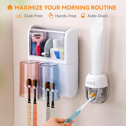 Toothbrush Holder Wall Mounted with Automatic Toothpaste Dispenser, Dustproof Flip Cover and Inverted Cup Slots, Multi-Functional No-Drill Bathroom Organizer for Family, Space Saver (3 Cups)