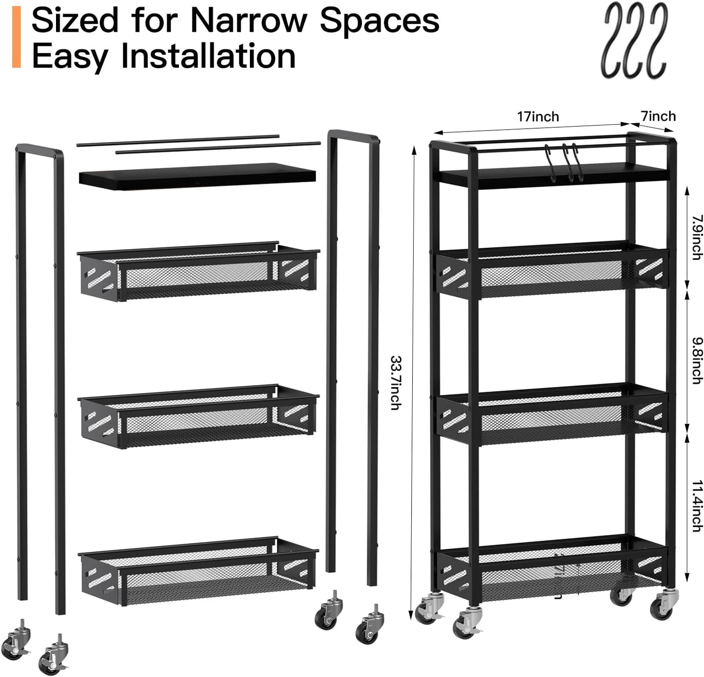 DGSNADGO Slim Rolling Storage Cart, 4-Tier Kitchen Cart on Wheels, Narrow Utility Cart with Handle and Wooden Tabletop for Small Space in Kitchen, Living Room, Bathroom, Laundry Room, Beige and White
