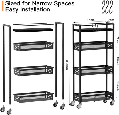 DGSNADGO Slim Rolling Storage Cart, 4-Tier Kitchen Cart on Wheels, Narrow Utility Cart with Handle and Wooden Tabletop for Small Space in Kitchen, Living Room, Bathroom, Laundry Room, Beige and White