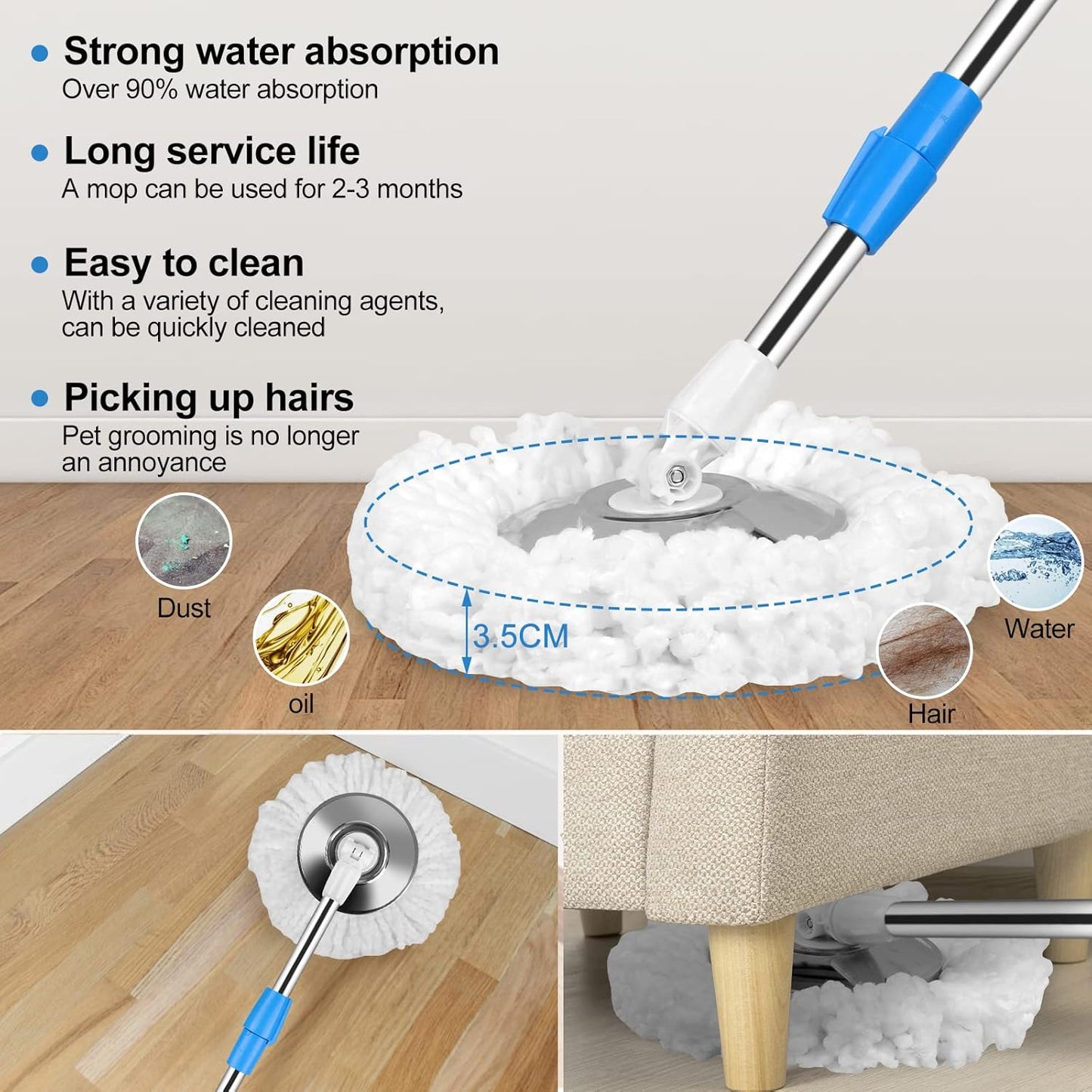 Spin Mop and Bucket with Wringer Set, 360° Spinning Mop Bucket System with 3 Microfiber Mop Replacement Heads, Adjustable Handle for Floor Cleaning (Green)