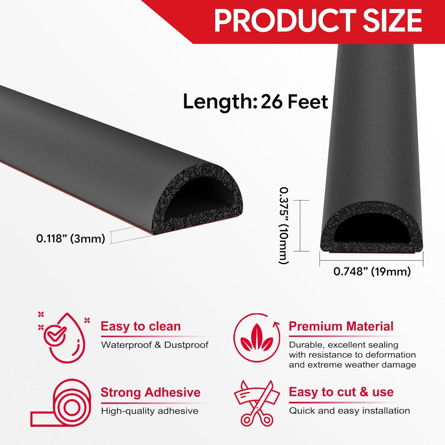 26 Feet Weather Stripping Door Seal Self Adhesive EPDM Foam Rubber Seal Strip D-Shaped Door Weather Stripping for Door and Window, RV, Boat, Auto, Truck, Marine, W:0.75"; H:0.375"