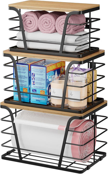 TIDIIABODE 2 Pack Stackable Storage Laundry Kitchen Organizers, Wall Mount Trash Bag Holder with Bamboo Top and Garbage Bag Dispenser No Drill