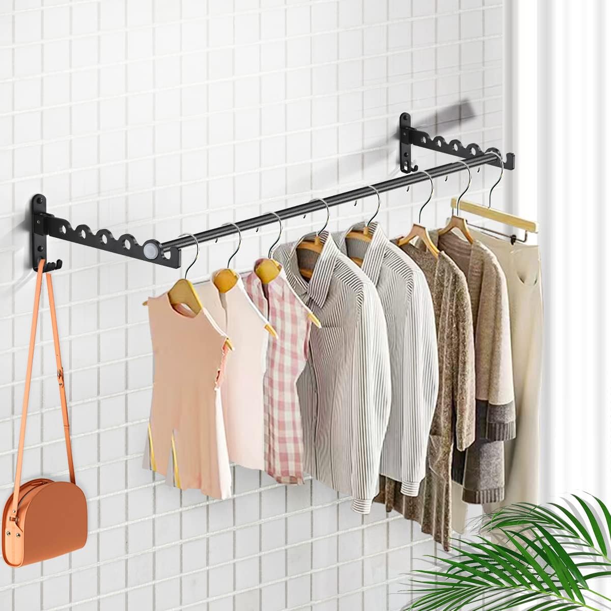Clothes Drying Rack Wall Mounted Drying Racks for Laundry Room Organization and Storage Clothes Rack，Aluminum Dryer Rack with Two Drying Rods for Hanging Wet and Dry Clothes