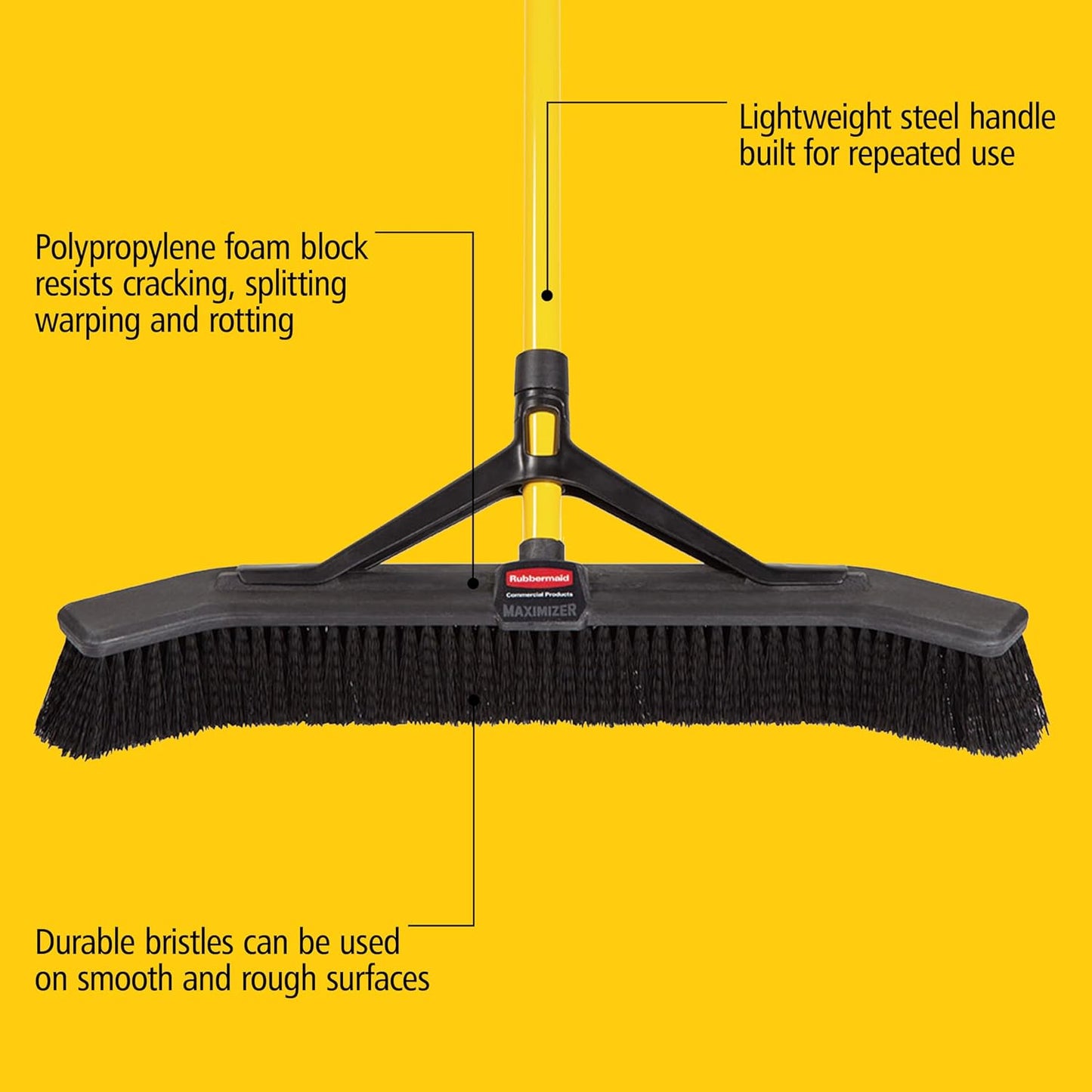 Rubbermaid Commercial Products Maximizer 36" Push to Center Push Broom Polypropylene Fill Black Angled Sides Medium Bristles for Indoor/Outdoor Multi-Surface Use