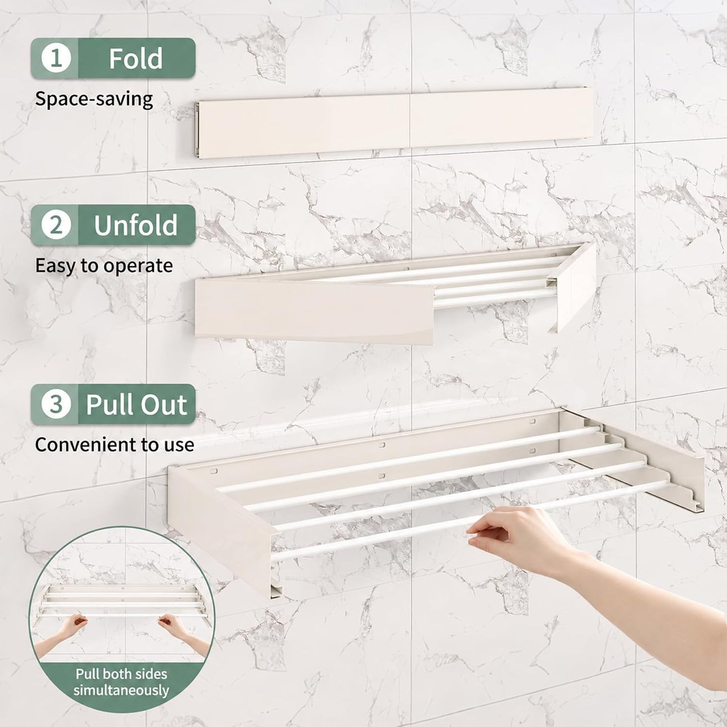 Wall Mounted Foldable Clothes Drying Rack, Collapsible Laundry Drying Clothes Rack, Space Saving Clothing & Towels Retractable Drying Rack with Wall Template Indoor & Outdoor Balcony (White,W23.6'')