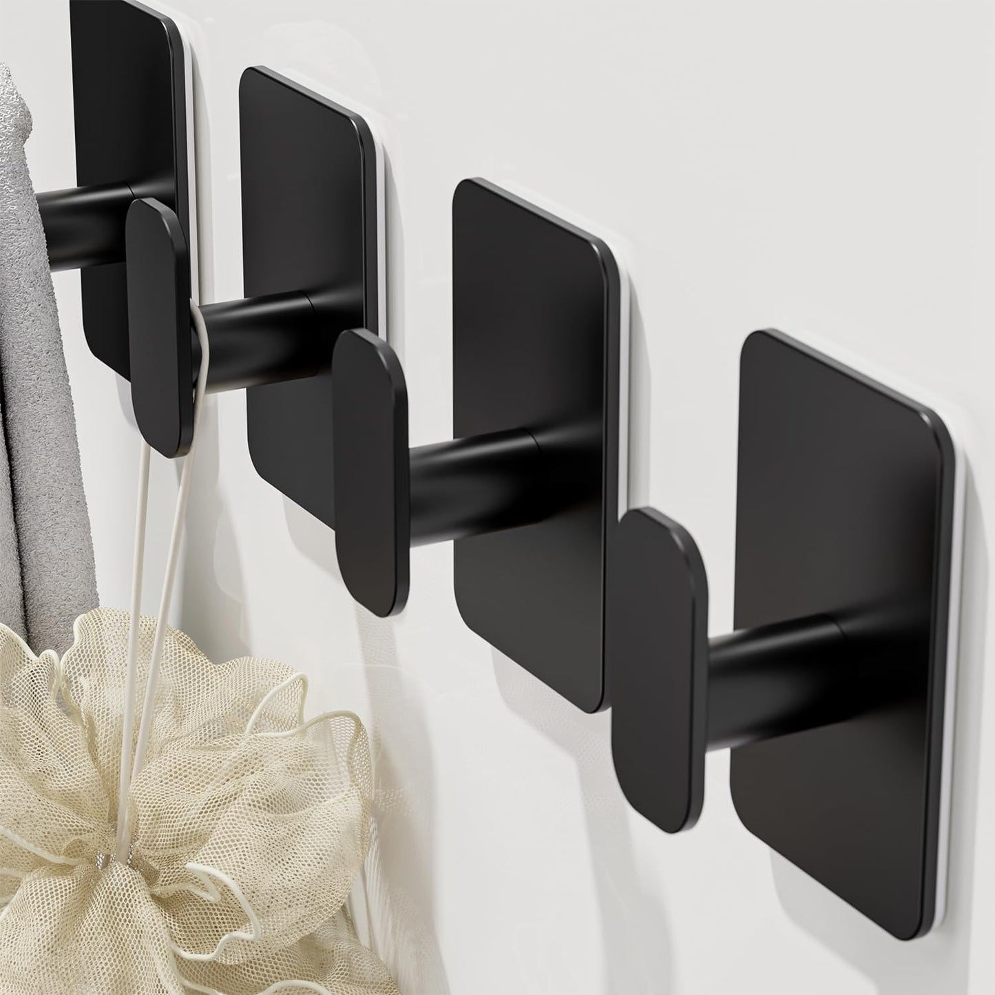 Heavy Duty Adhesive Hooks - 26lb Max, Sticky Wall Hooks Waterproof Stainless Steel for Hanging Towel, Coat, Robe, Towel Hooks Stick on Bathroom, Kitchen, Shower, Door (Black, 4 Pack)