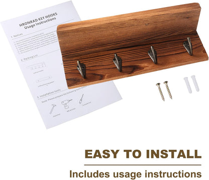 HRONRAD Rustic Key Holder for Wall, Farmhouse Wall Shelf with 4 Hooks, Wall Mounted Key Racks, Wooden Mail Organizer with Hooks for Entryway (Brown)