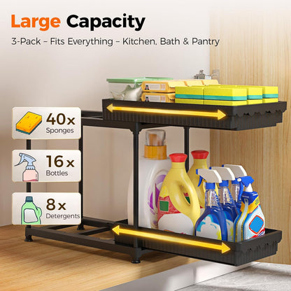 Sevenblue 3-Pack 2-Tier Under Sink Organizers with Sliding Drawers | Multi-use kitchen & bathroom storage, 12.8 inch black cabinet organizer, space-saving sliding drawer design.