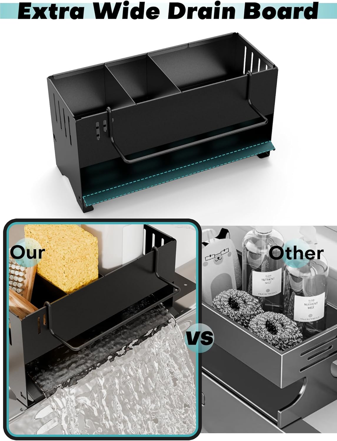 Kitchen Sink Caddy Organizer, Sponge Holder for Kitchen Sink with Upgraded Extra-Wide Drain Board, Efficient Drainage, Stainless Steel with Rust-Resistant Coating