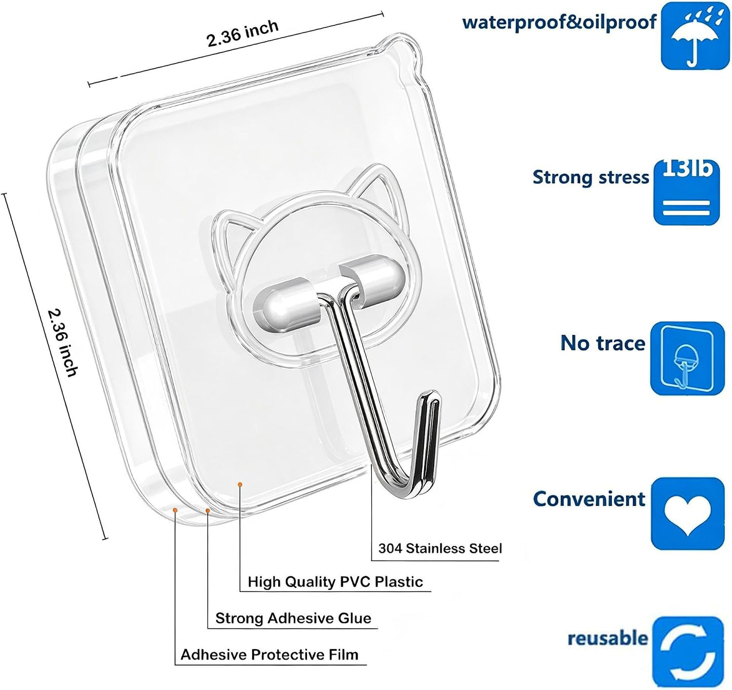 Elegana Heavy Duty Self Adhesive Hooks 24 Pack,33lb Max,304 Stainless Steel Wall Hooks Transparent,Waterproof Sticky Hangers for Keys,Bathroom, Shower, Outdoor, Kitchen,Door,Home Improvement,Utility
