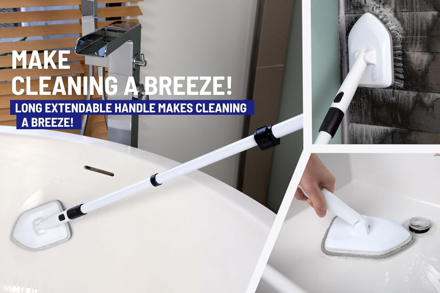 Moku Home Shower Scrubber 3 in 1 Extendable Long Handle 58" Cleaning Brush | Non-Scratch Bathroom Scrubber for Tub, Tile, Shower, Kitchen, Toilet, Sink, Wall & Floor; Telescopic Shower Cleaning Brush