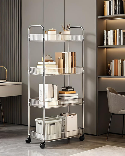 Sooyee 3 Tier Rolling Cart with Wheels, Slim Storage Cart, Under Desk Narrow Rolling Utility Cart Storage Organizer for Office Bathroom Kitchen Laundry Room Narrow Places, White, Plastic and Metal