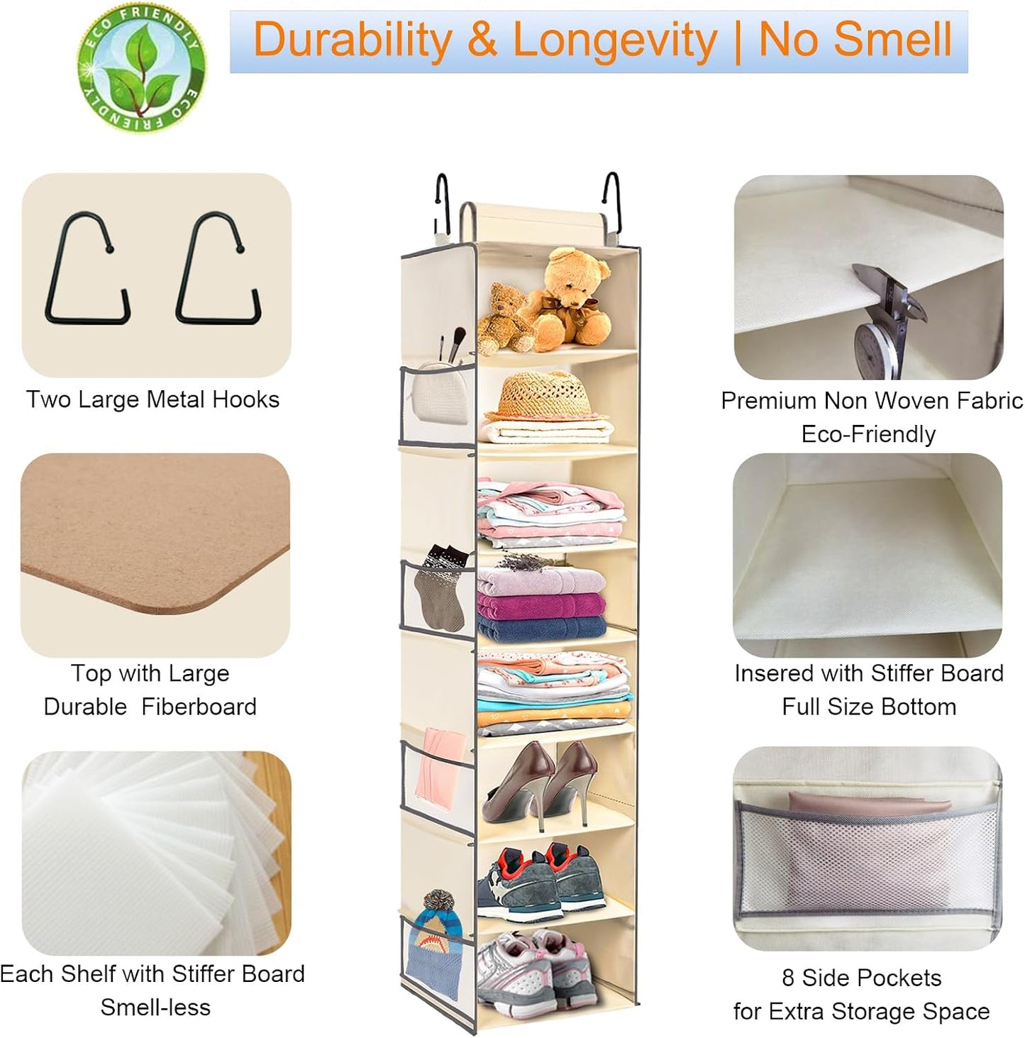 Large-Sized Hanging Shoe Organizer 8-Shelf, Hanging Closet Organizer with 8 Side Pockets, Wider Hanging Shelves for Storage Shoes Clothes 9" W × 11.8" D× 48" H, Grey
