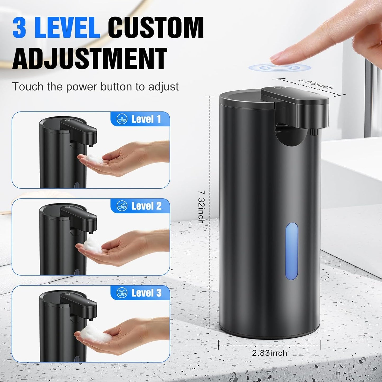 Fantictas Automatic Foaming Soap Dispenser Touchless, Stainless Steel 11.5 oz 3 Levels Adjustable Hand Soap Dispenser with Rechargeable Sensor Pump for Kitchen & Bathroom Liquid Soap