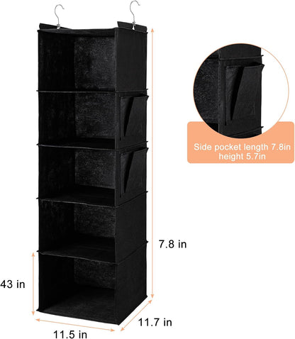 BOOMIBOO Hanging Closet Organize and Shelves，5-Hanging Shelf with 2 Side Pockets，Storage Foldable （Grey）